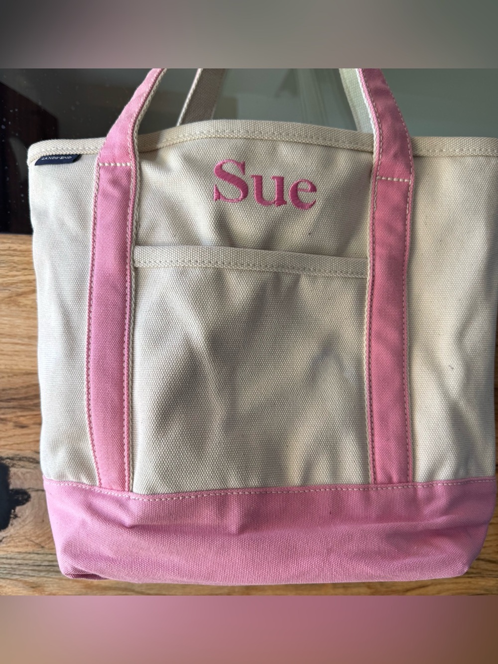 Lands’ End Canvas Tote Bag Pink & Natural Monogrammed “Sue” Medium Open Top Boat - Picture 2 of 13